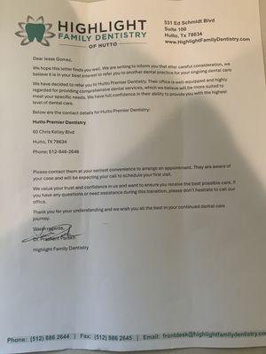 Referral letter giving to me without prior notice on 6/6/2024 after permanent crown was fixed.