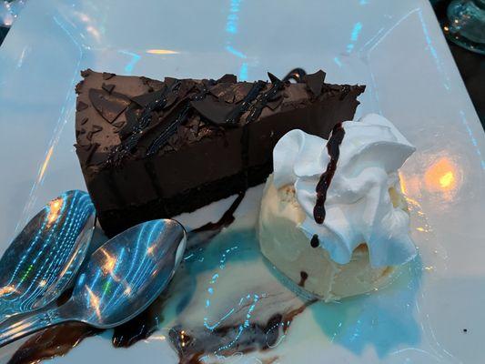 Chocolate Mousse cake with hexagon shaped vanilla ice cream