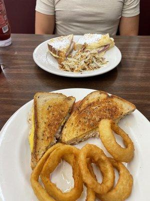 Tuna melt with onion ringes and Monte Cristo w/ hash....always great!