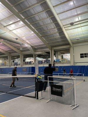 Makeshift pickleball courts. Get used to the lines quickly. Nice A/C indoor conditions