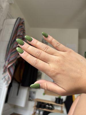 Nice shape and color. See thumb for improperly cured nail.