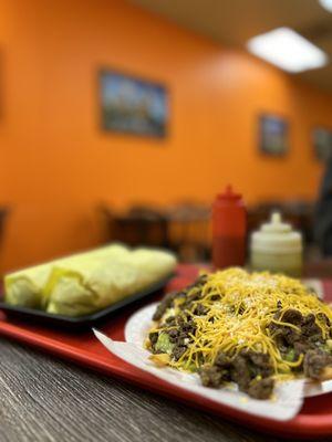 Carne Asada Fries with two 10" burritos lol