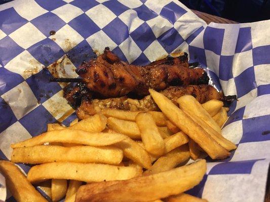 2 beef kabob and fries. Not a real tender cut and not my favorite, but husband liked them