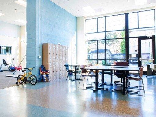 The cafeteria and workout gym area.