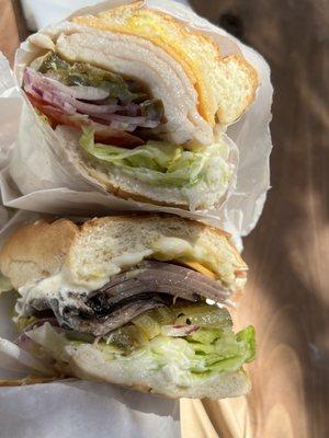 On top is the Turkey sandwich with "everything". On the bottom is the roast beef with extra meat and "everything".