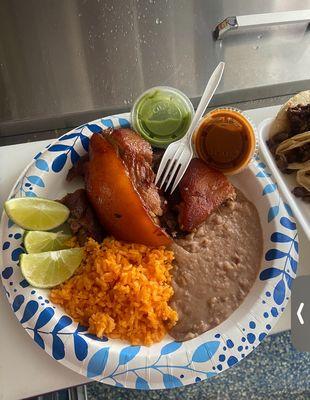 Delicious food! Rice, beans, carnitas!