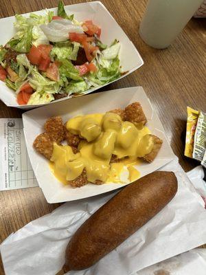 Burrito Basket, cheesy tots and the amazing corn dog!