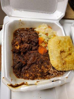 Oxtails, Beef Patty (side), Rice & Peas, Cabbage