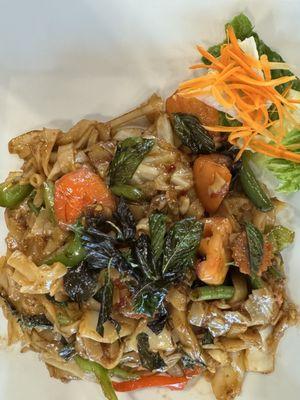 Pad Kee Mao. Delicious food! Add different meat selections and specify spicy range. Good selection on the menu. Family owned.