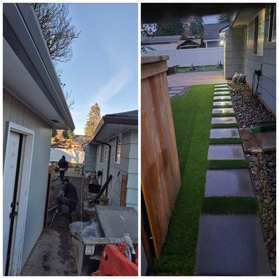 Before and after synthetic turf and steppingtones walkway