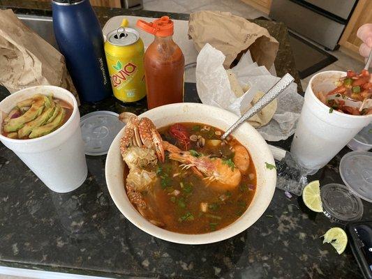 7 mares soup, fish ceviche and shrimp cocktail