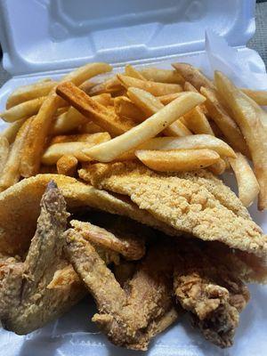 Trio combo.  Fish, shrimp, chicken, and fries.