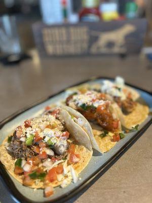 Brisket Taco, Nashville hot taco and blackened mahi taco