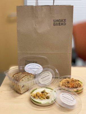 Smoked Potato Sourdough Bread w/ two dips: Sprouted White Beans & Cauliflower and Paprika Farmer's Cheese | $10