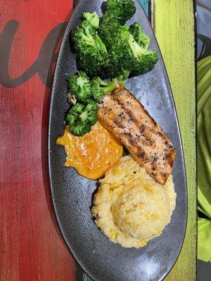 Salmon dish and corn grits