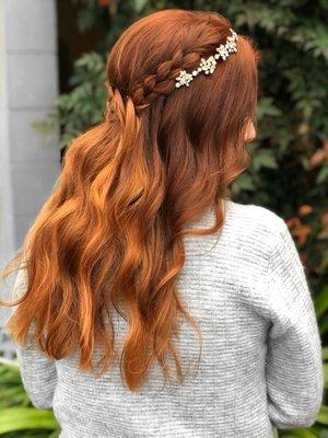 Bridal hair, copper balayage, and extensions.