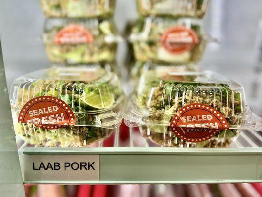 Laab pork already prepared in the refrigerator.