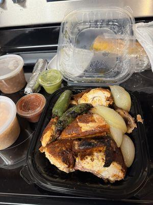 Whole chicken, rice, and beans.