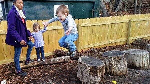 Gaining confidence while a friend cheers for him.