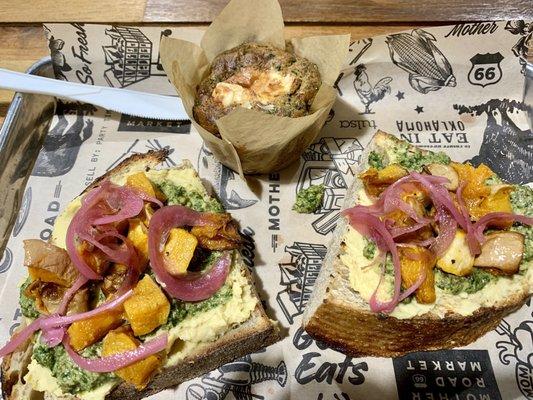 Kale and Goat Cheese Muffin Hummus Pesto Squash and Pickled Onion Toast