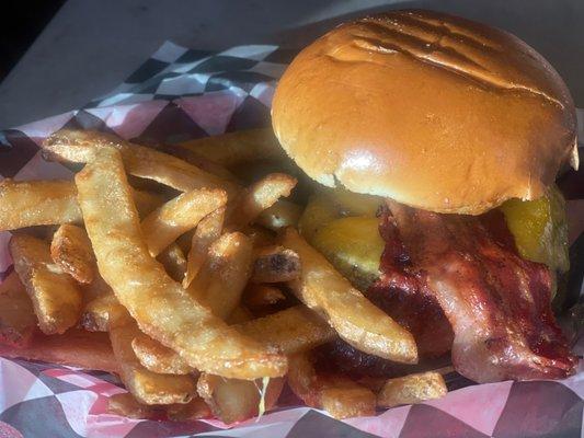 Hickory Burger with battered steak fries