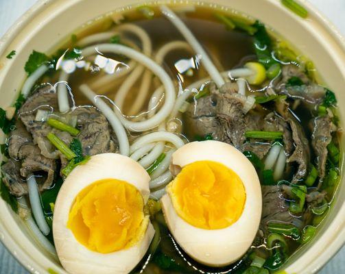 N1 Original Broth Beef Shank Noodles 原汤牛腱米粉: $10.99 and A1 Soft-Boiled Marinated Egg 溏心卤蛋: $1.99. OK; very thin broth.