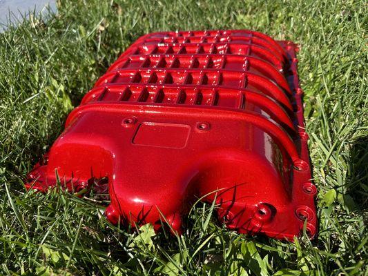 Hellcat blower lid done in heavy silver bad with silver metal flake and topped with lollipop red
