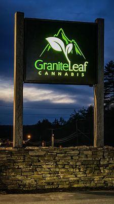 GraniteLeaf Cannabis sign at night