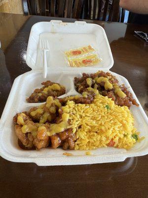 General Tso chicken, bourbon chicken and fried rice.