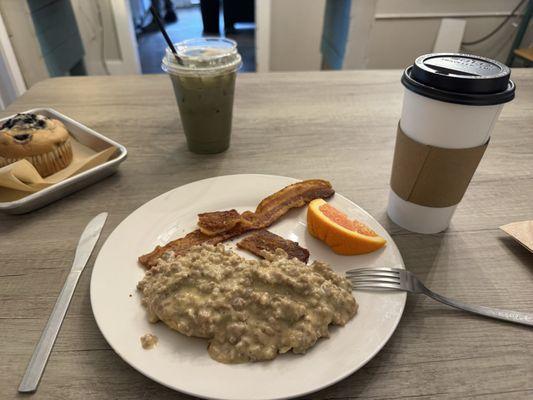 Biscuits and gravy with bacon! Yum!