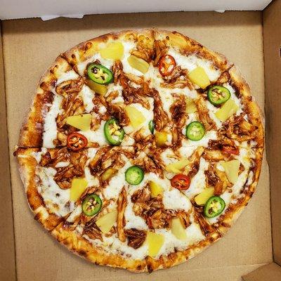 BBQ CHICKEN, PINEAPPLE, JALAPEÑOS PIZZA