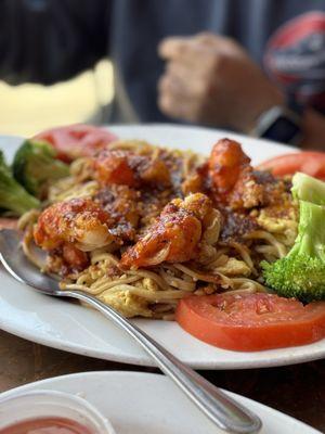 Sunflower Prawns on garlic noodles no shell