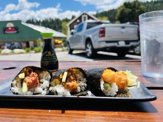 Spicy tuna hand rolls, spicy salmon hand roll and fried shrimp although I'm not sure what the batter is on the shrimp