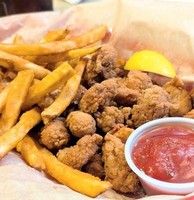 Shrimp and fries, too much breading