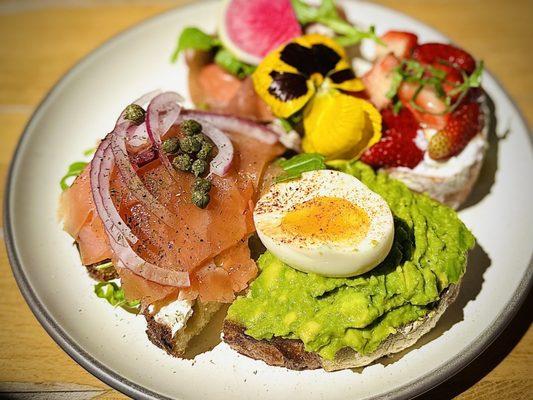 Applewood smoked salmon, avocado and egg, strawberry and ricotta, prosciutto and fig