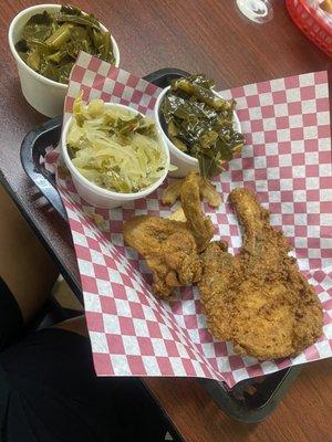 Pork chop, chicken wings, cabbage, and collard greens