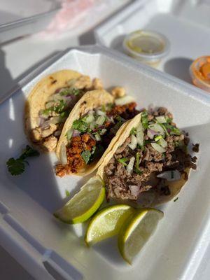 Chicken, Chorizo and Steak tacos