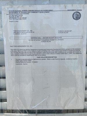 The park is operating without a valid permit to operate.[California Health & Safety Code, Section 18500 Comments: Expired.