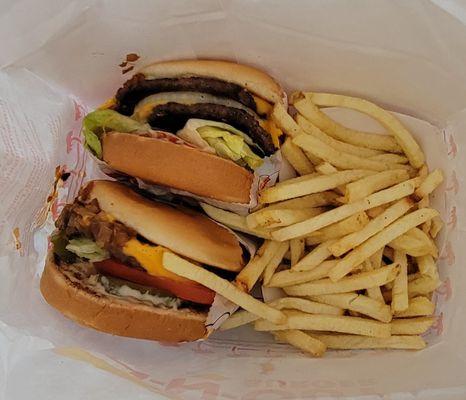 Double-double, regular fries and a single animal-style burger
