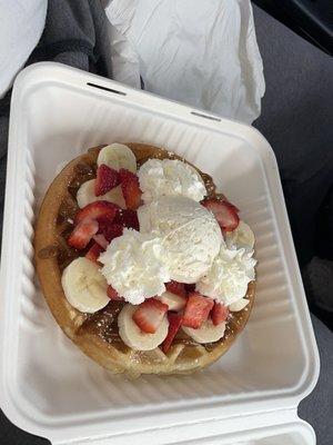 Belgian Waffle with homemade cream, strawberries, and bananas