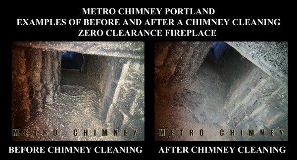 Before and after of a fireplace flue that Metro Chimney in Lake Oswego, Oregon serviced