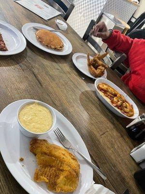 Fish and Grits, 2 Pancakes, 3 wings, Shrimp and Grits, Corned Beef Hash