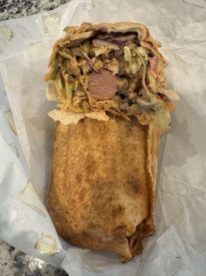 Jumbo suya, chicken, and sausage shawarma