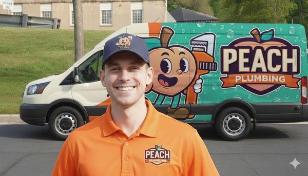 Peach Plumbing Technician Standing Near Peach Plumbing Van