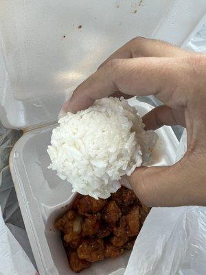 Spicy General Chicken was very good but rice ball was bland and not cooked right