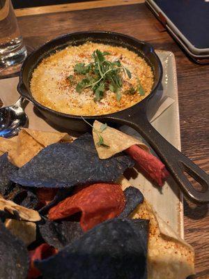 Elote dip and tortilla chips that were very fresh and crispy