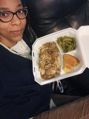 Beef Tips and Rice, green beans and cornbread