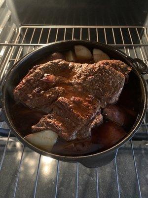 Roast from Jim's, taters, carrots, onions.... With Siete chorizo seasoning and beef broth. Only three hours to a taste of heaven!!
