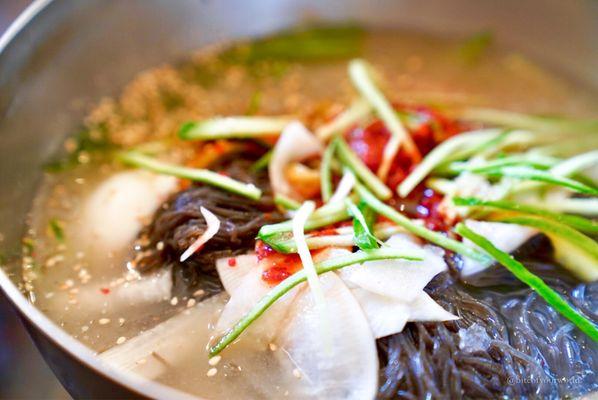 biteofyourworld: Cold noodles in chilled broth (mul naengmyeon) are a must order at Yuchun Season to taste with vinegar and horseradish