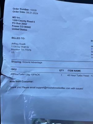 packing order slip, order was for 10 packets of Turbo yeast only received 1 packet